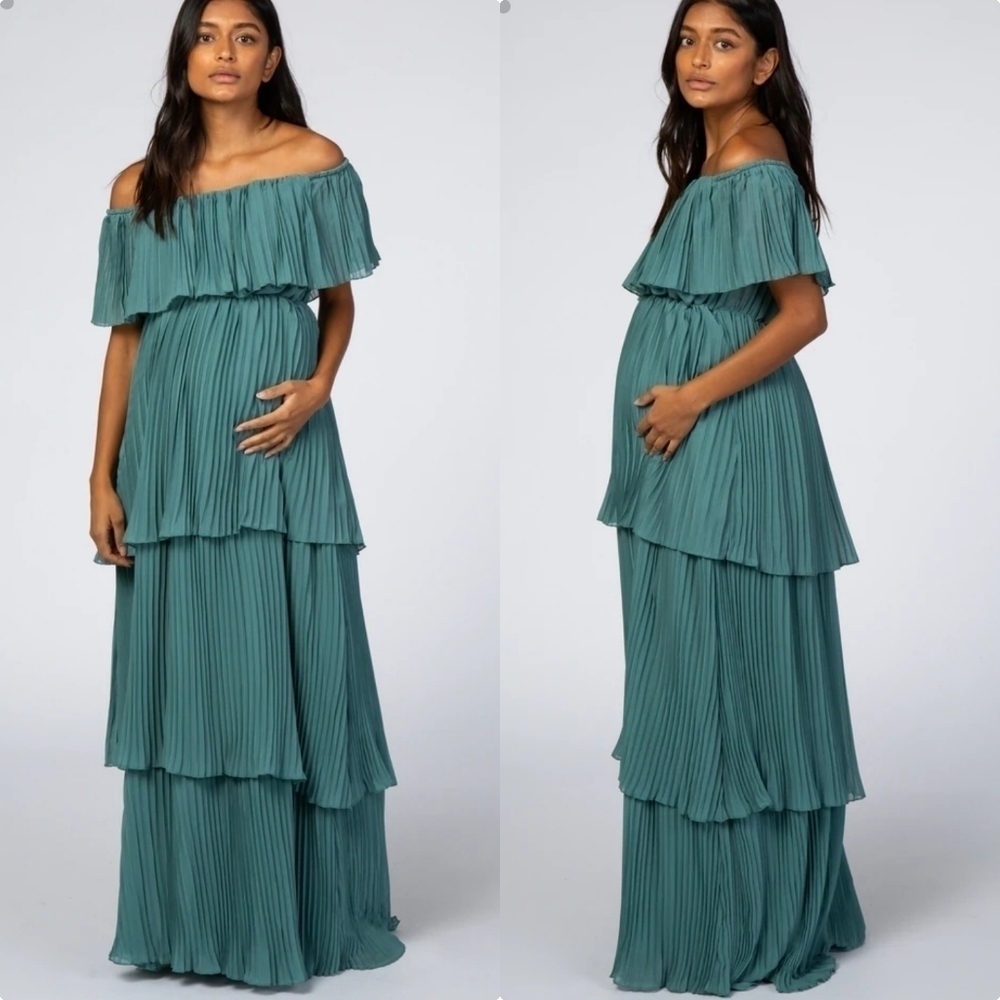 PINKBLUSH Jade Pleated Ruffle Tiered Maxi Dress Maternity Post Friendly. - Picture 2 of 10